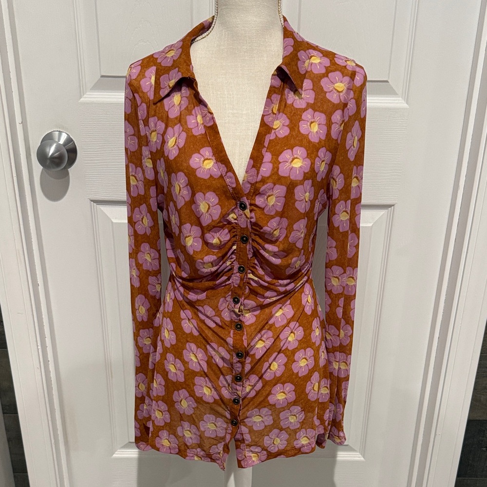 Free People sheer floral button front blouse